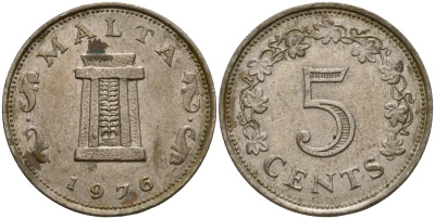 Мальта 5 центов 1976 Ритуальный алтарь в храме Хаджар-Ким KM 10 медно-никель 4156-221