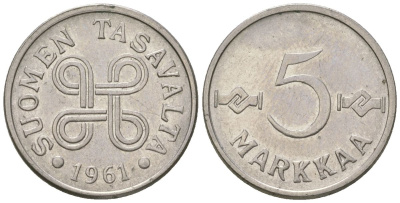 Финляндия 5 марок 1961 KM 37a железо плакированная никелем 4169-448