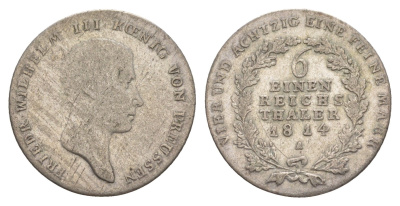 Пруссия 1/6 рейхсталера 1814 A, Фридрих Вильгельм III (1797-1840) KM 385 серебро 4619-241