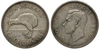 Новая Зеландия 1 флорин 1937 Георг VI (1936-1952), птичка киви, первый год KM 10.1 серебро 272-1434