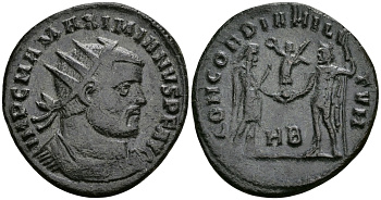 Римская Империя двойной денарий 295 - 296 Максимиан Геркулий CONCORDIA MILITVM Гераклея Good Very fine RIC 14 бронза 1073-3-7-2