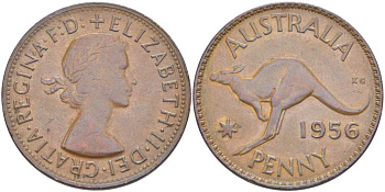 АВСТРАЛИЯ 1 ПЕННИ 1956 m, ЕЛИЗАВЕТА II (1953-), КЕНГУРУ KM 56 бронза 4512-1213