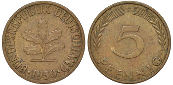 ФРГ 5 пфеннигов 1950 F KM 107, J.382 сталь плакированная латунью 4174-518