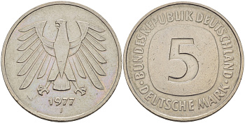 ФРГ 5 МАРОК 1977 J KM 141, J.415 медно-никель плакированный никелем 32-1223