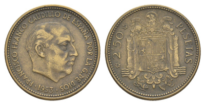 Испания 2,5 песеты 1953 (54) Франсиско Франко KM 785 алюминиевая бронза 4176-217