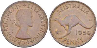 АВСТРАЛИЯ 1 ПЕННИ 1956 m, ЕЛИЗАВЕТА II (1953-), КЕНГУРУ KM 56 бронза 4512-1213
