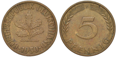 ФРГ 5 пфеннигов 1950 F KM 107, J.382 сталь плакированная латунью 4174-518