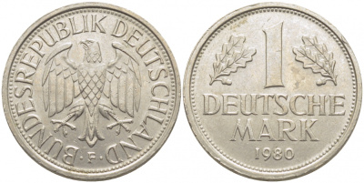 ФРГ 1 МАРКА 1980 F J.385, KM 110 медно-никель 3856-147