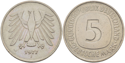 ФРГ 5 МАРОК 1977 J KM 141, J.415 медно-никель плакированный никелем 32-1223