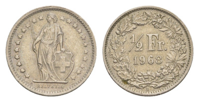 Швейцария 1/2 франка 1968 KM 23a медно-никель 4647-1018