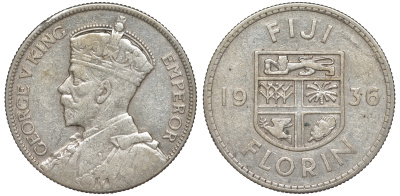 Фиджи 1 флорин 1936 Георг V (1910-1936), герб Фиджи KM 5 серебро    1531-811