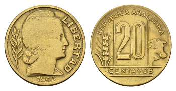 Аргентина 20 сентаво 1945 KM 42 алюминиевая бронза 4687-955