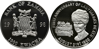 Замбия 1000 квача 1998 годовщина гибели леди Дианы, 31 августа 1998 KM 180 медно-никель PROOF 11-235-33