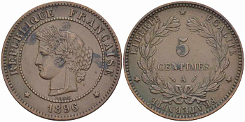 ФРАНЦИЯ 5 САНТИМОВ 1896 А, ТРЕТЬЯ РЕСПУБЛИКА (1871-1940) KM 821.1, LE FRANC 118.38 бронза 108-644