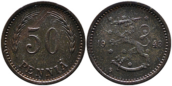 ФИНЛЯНДИЯ 50 ПЕННИ 1943 S KM 26а медь 4387-516