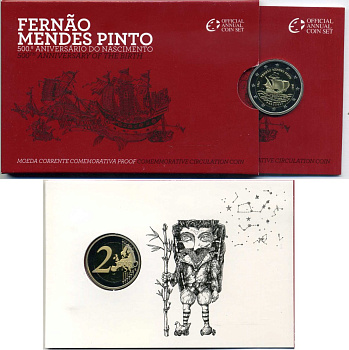 Португалия 2 евро 2011 500 лет со дня рождения Фернана Мендеса Пинто, запайка, картонный буклет KM 804 биметалл PROOF 3-4-8-58