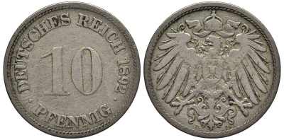 ГЕРМАНИЯ 10 ПФЕННИГОВ 1892 D KM 12, Jager 13, Weege 8 медно-никель 4513-747