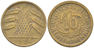 Германия 10 рентенпфеннигов 1924 D KM 33, J. 309 алюминиевая бронза 4124-164