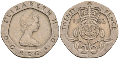 Великобритания 20 пенсов 1982 Елизавета II (1952-2022) KM 931, Spink 4230 (G1) медно-никель    4603-1022