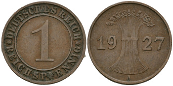 Германия 1 рейхспфенниг 1927 A KM 37, J. 313 бронза 4189-1119