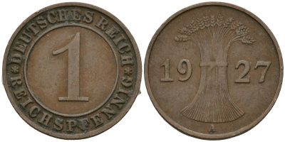 Германия 1 рейхспфенниг 1927 A KM 37, J. 313 бронза 4189-1119