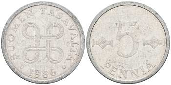 ФИНЛЯНДИЯ 5 ПЕННИ 1986 KM 45а алюминий 192-1231
