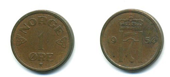 НОРВЕГИЯ 1 ЭРЕ 1954 KM 398 бронза 04-1034