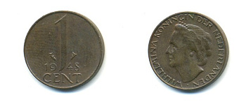 Нидерланды 1 цент 1948 Вильгельмина (1890-1948), год тип KM 175 бронза 80-946
