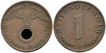 Германия 1 рейхспфенниг 1937 F KM 89, J 361 бронза 4136-1158