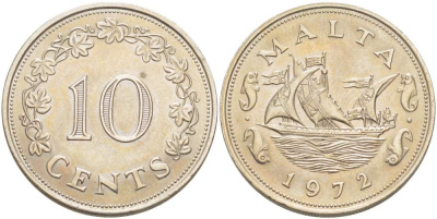 Мальта 10 центов 1972 баржа Великого магистра KM 11 медно-никель 4521-1132