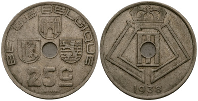 Бельгия 25 сантимов 1938 Belgie - Belgique KM 115 никель латунь 4117-724