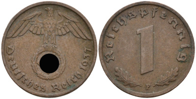 Германия 1 рейхспфенниг 1937 F KM 89, J 361 бронза 4136-1158