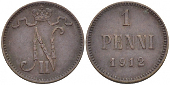 Россия для Финляндии 1 пенни 1912 Николай II (1894-1917) KM 13, Биткин 472 медь 4396-1363