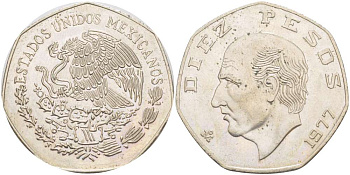 МЕКСИКА 10 ПЕСО 1977 МАНУЭЛЬ ХИДАЛЬГО КАСТИЛЬЯ KM 477.1 медно-никель 4521-223