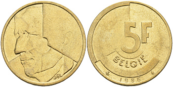 БЕЛЬГИЯ 5 ФРАНКОВ 1986 BELGIE KM 164 латунь или алюминиевая бронза 4589-815
