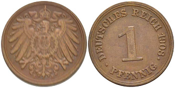 ГЕРМАНИЯ 1 ПФЕННИГ 1908 E KM 10, J. 10, Weege 2 медь 211-366