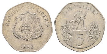 Либерия 5 долларов 1982 KM 44 медно-никель 4672-1022