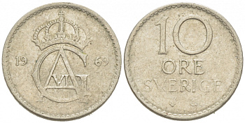 Швеция 10 эре 1969 U Густав VI Адольф (1950-1973) KM 835 медно-никель 3955-327