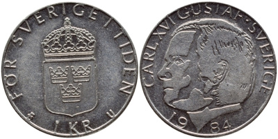 Швеция 1 крона 1984 Карл XVI Густав (1973- ) KM 852a медно-никель 4397-1151