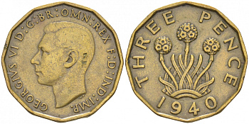 Великобритания 3 пенса 1940 Георг VI (1936-1952) KM 849, Spink 4112 никель латунь 68-127
