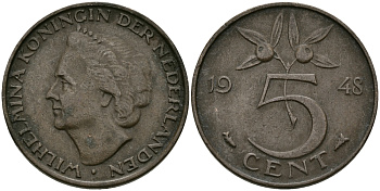 НИДЕРЛАНДЫ 5 ЦЕНТОВ 1948 ВИЛЬГЕЛЬМИНА KM 176 бронза 95-233