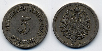 ГЕРМАНИЯ 5 ПФЕННИГОВ 1889 A, СТАРОГЕРБОВКА KM 3, J.3 медно-никель 51-5045