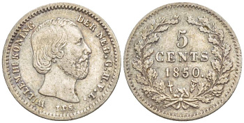 Нидерланды 5 центов 1850 Виллем III (1849-1890), точка после даты KM 91 серебро 4532-1147