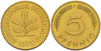 ФРГ 5 ПФЕННИГОВ 1983 J KM 107, J. 382 сталь плакированная латунью 4396-1647