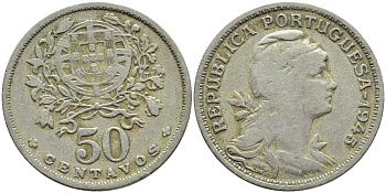 Португалия 50 сентаво 1945 KM 577 медно-никель 4395-823