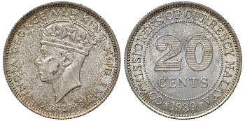 Британская Малайя 20 центов 1939 Георг VI (1937-1952) KM 5 серебро 53-323