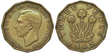 Великобритания 3 пенса 1945 Георг VI (1936-1952) KM 849, Spink 4112 никель латунь 4122-917