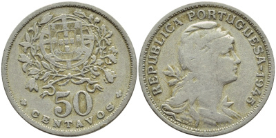 Португалия 50 сентаво 1945 KM 577 медно-никель 4395-823