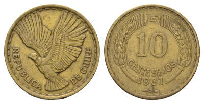 Чили 10 сентесимо 1967 KM 191 алюминиевая бронза 4688-314