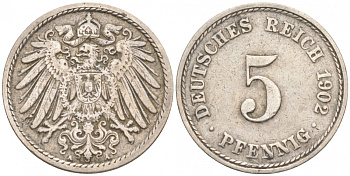 ГЕРМАНИЯ 5 ПФЕННИГОВ 1902 A, KM 11, J. 12 медно-никель 73-1561
